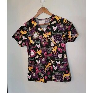 Disney Womens VNeck Scrub Top Size XSMALL Bambi Deer Pink Black Cinched, Pockets